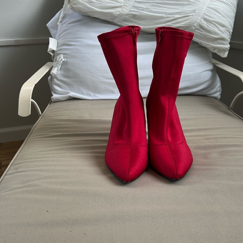 Red nylon stretch booties.